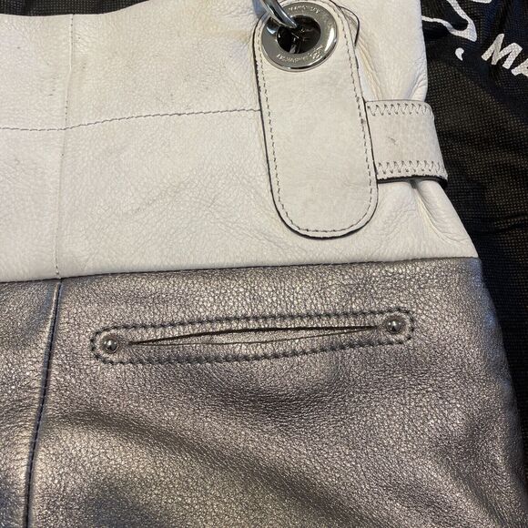 B. Makowsky Black White Silver‎ Large Leather Tote Hobo Handbag - Picture 6 of 9